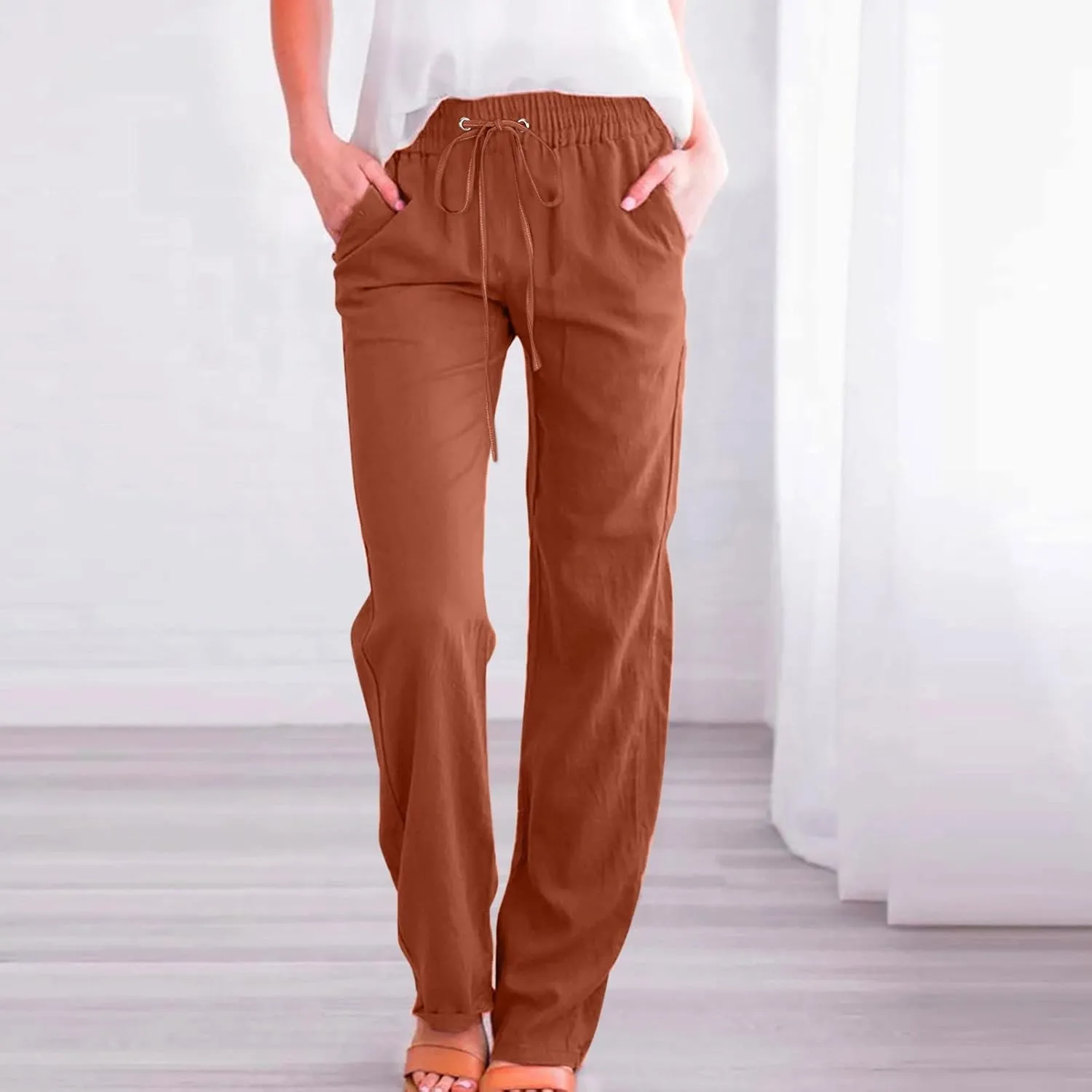 Women Work Linen Cotton Pants Office Business Plus Size Loose Trendy Trouser Outdoor Hiking Jogging Casual Sweatpants