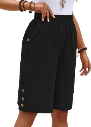 Women's Bermuda Shorts Loose Drawstring Capri Pants Summer Casual Linen Knee Length Elastic Short Pants
