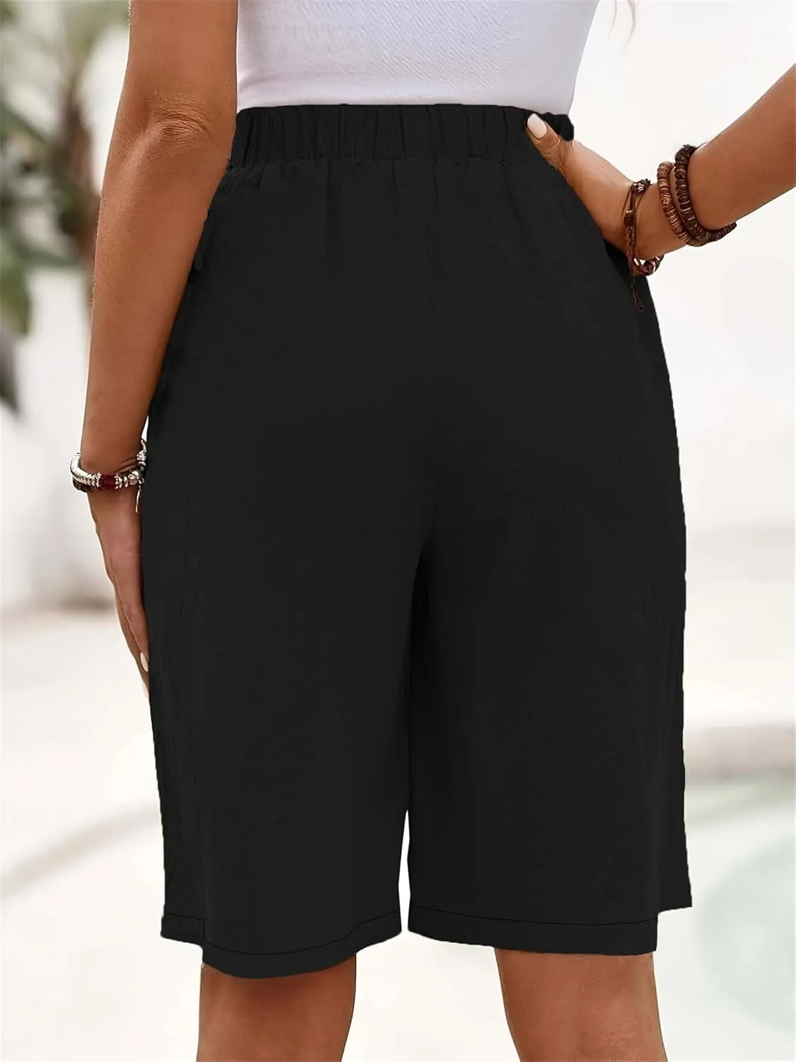 Women's Bermuda Shorts Loose Drawstring Capri Pants Summer Casual Linen Knee Length Elastic Short Pants