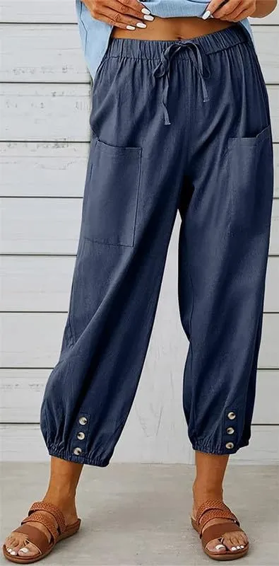 Womens Capri Pants Cotton Linen Cropped Trousers Summer Wide Leg Drawstring High Waist Palazzo Pants with Pockets