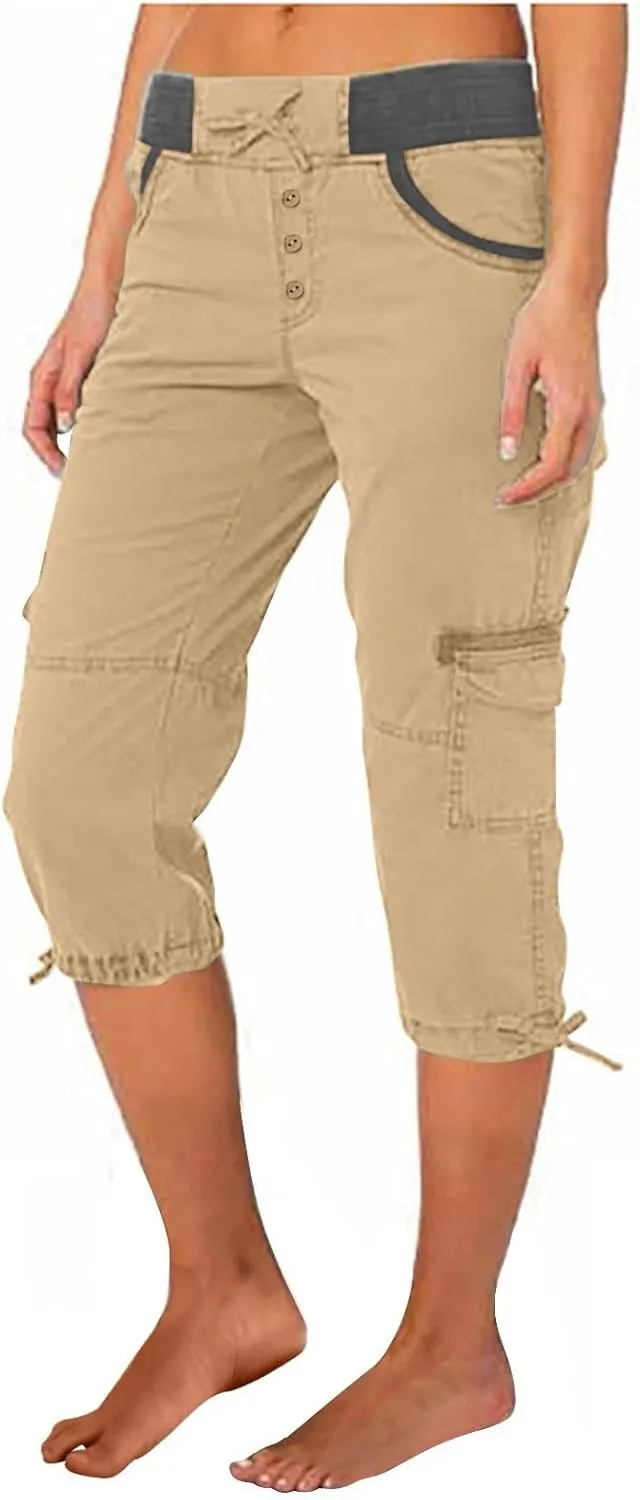 Women's Capri Pants Summer Lightweight Outdoor Hiking Capris with Drawstring Cargo Pockets Yoga Cropped Pant