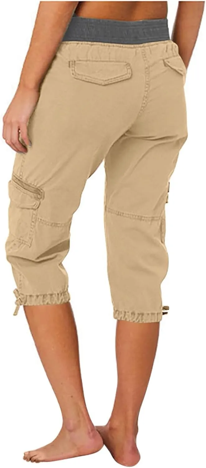 Women's Capri Pants Summer Lightweight Outdoor Hiking Capris with Drawstring Cargo Pockets Yoga Cropped Pant