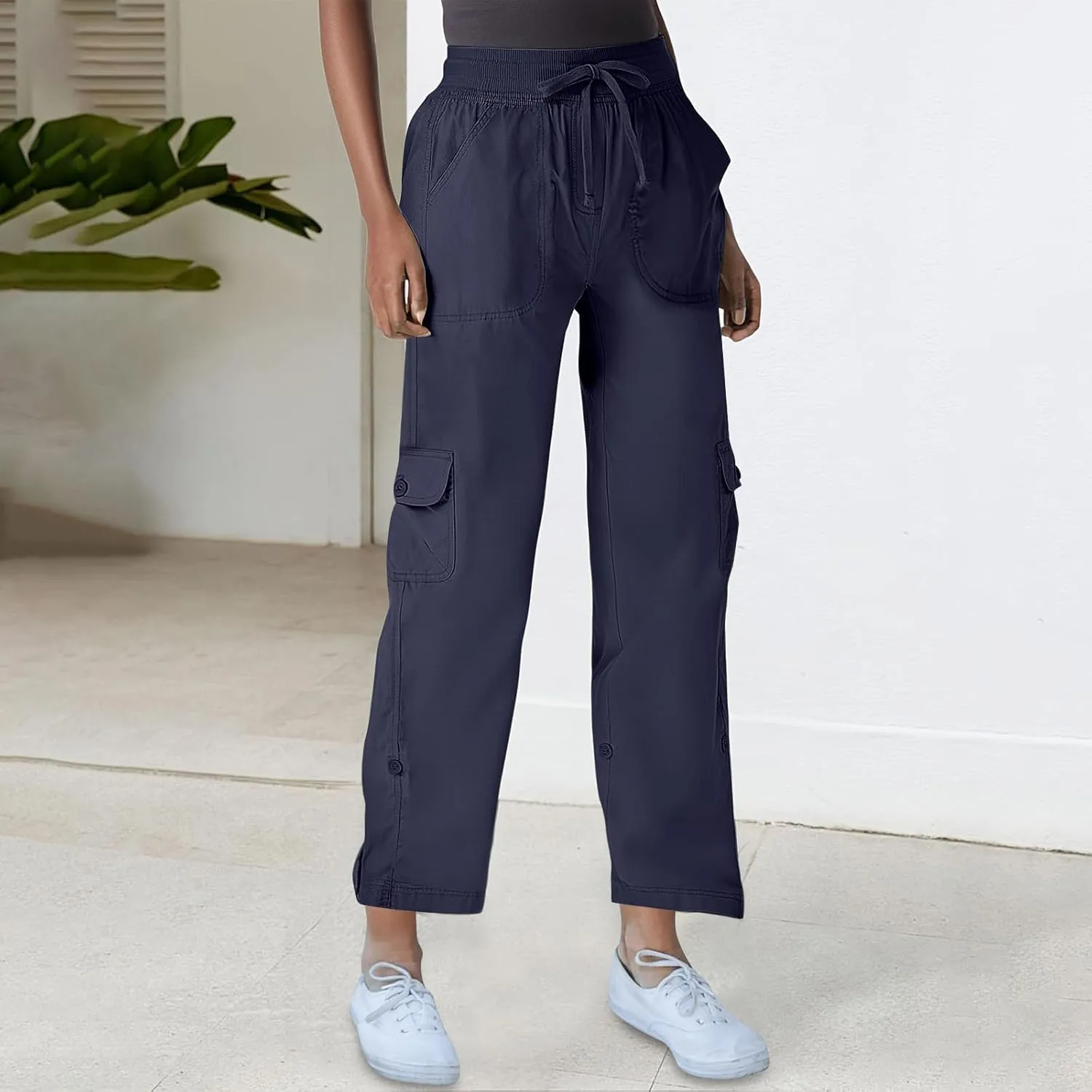 Womens Cargo Joggers Pants Lightweight Hiking Travel Pants Elastic Waist Drawstring Quick Dry Trousers with Pockets