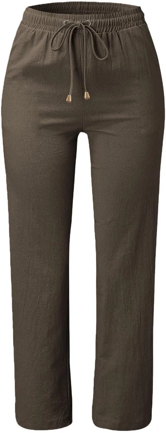 Womens Casual Cotton Linen Pants Lightweight Summer Relax Fit Elastic Waist Plus Size Solid Lounge Long Trousers