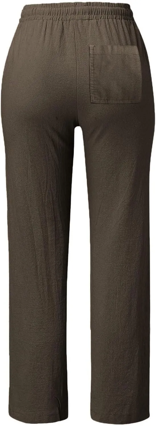 Womens Casual Cotton Linen Pants Lightweight Summer Relax Fit Elastic Waist Plus Size Solid Lounge Long Trousers