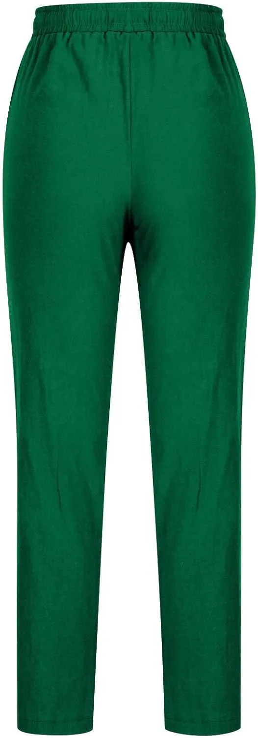 Womens Casual Cotton Linen Pants Lightweight Summer Relaxed Elastic Waist Loose Solid Drawstring Lounge Long Trousers