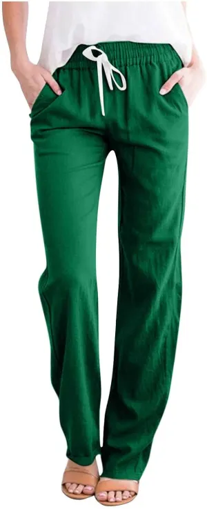 Womens Casual Cotton Linen Pants Lightweight Summer Relaxed Elastic Waist Loose Solid Drawstring Lounge Long Trousers