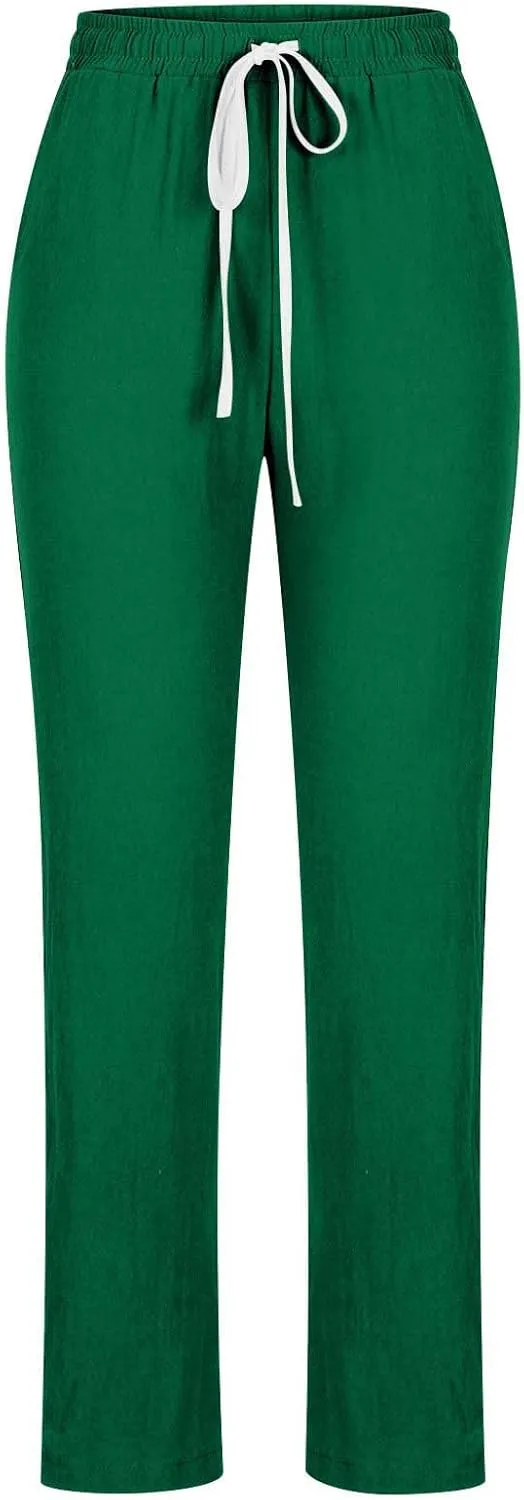 Womens Casual Cotton Linen Pants Lightweight Summer Relaxed Elastic Waist Loose Solid Drawstring Lounge Long Trousers