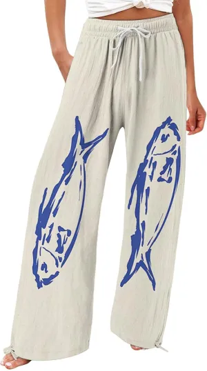 Women's Casual Pants Flower Pants Vintage Print Cotton Linen Pants Elastic Waisted Drawstring Summer Beach Baggy Trousers