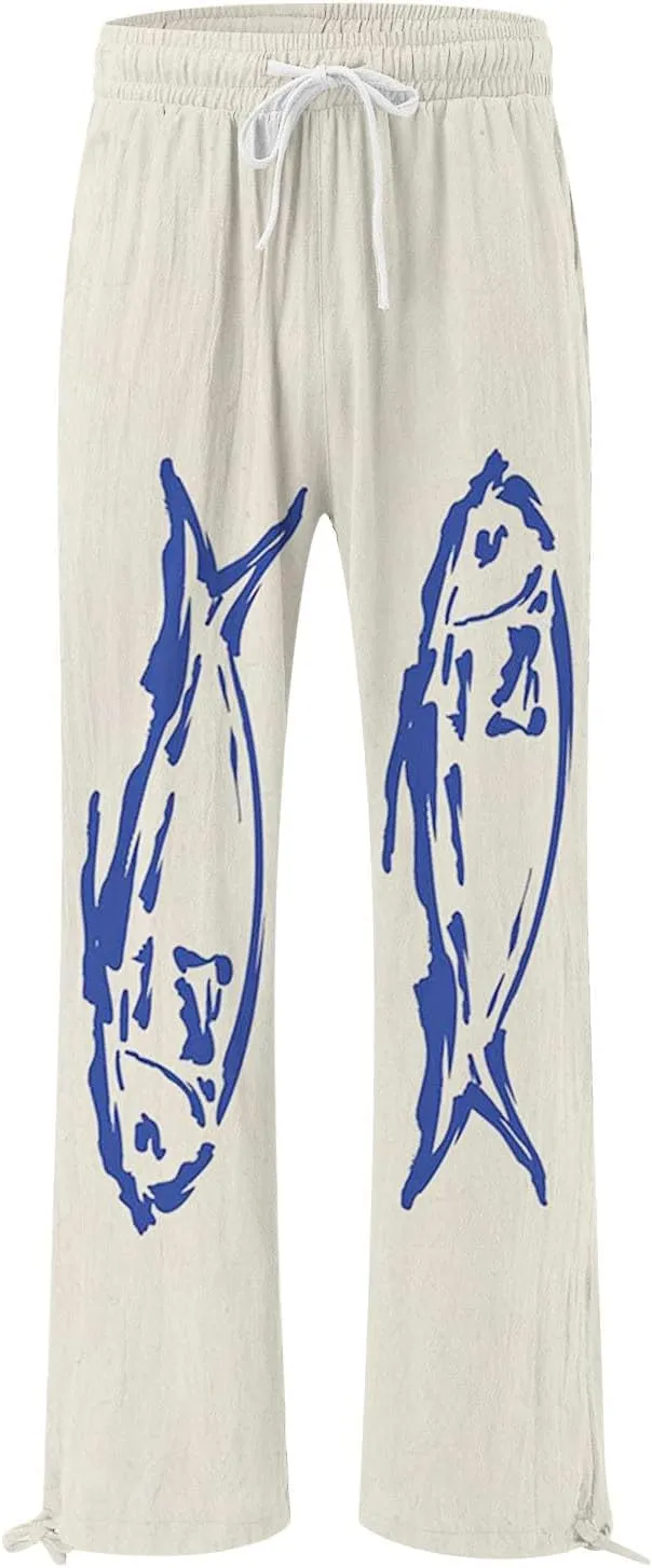 Women's Casual Pants Flower Pants Vintage Print Cotton Linen Pants Elastic Waisted Drawstring Summer Beach Baggy Trousers