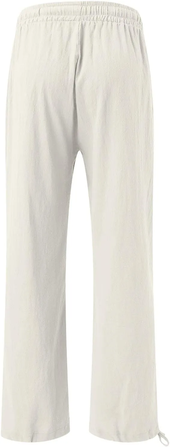 Women's Casual Pants Flower Pants Vintage Print Cotton Linen Pants Elastic Waisted Drawstring Summer Beach Baggy Trousers