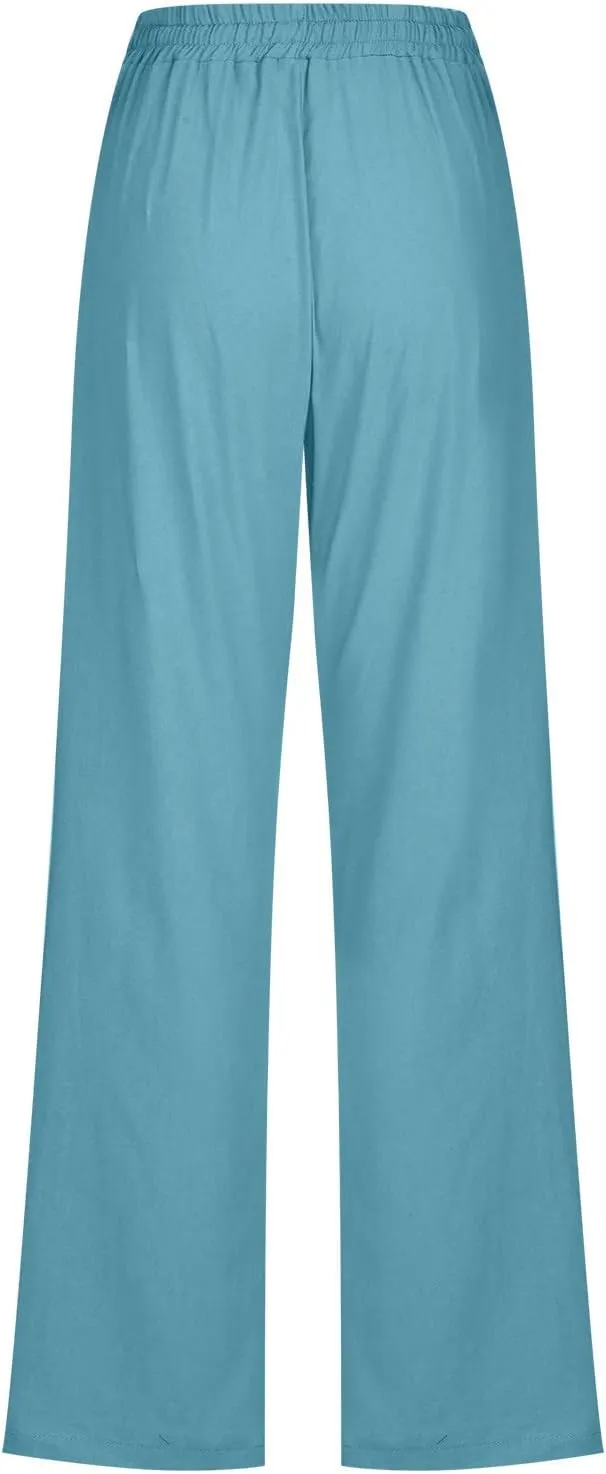 Womens Casual Summer Pants 2024 Straight Leg Drawstring Elastic High Waist Cotton Linen Pants Loose Comfy Trousers