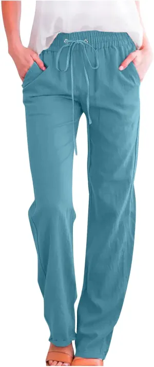 Womens Casual Summer Pants 2024 Straight Leg Drawstring Elastic High Waist Cotton Linen Pants Loose Comfy Trousers