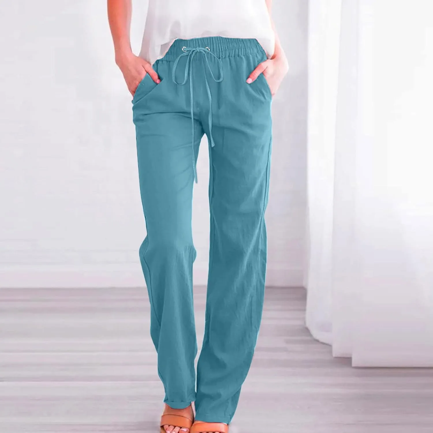 Womens Casual Summer Pants 2024 Straight Leg Drawstring Elastic High Waist Cotton Linen Pants Loose Comfy Trousers