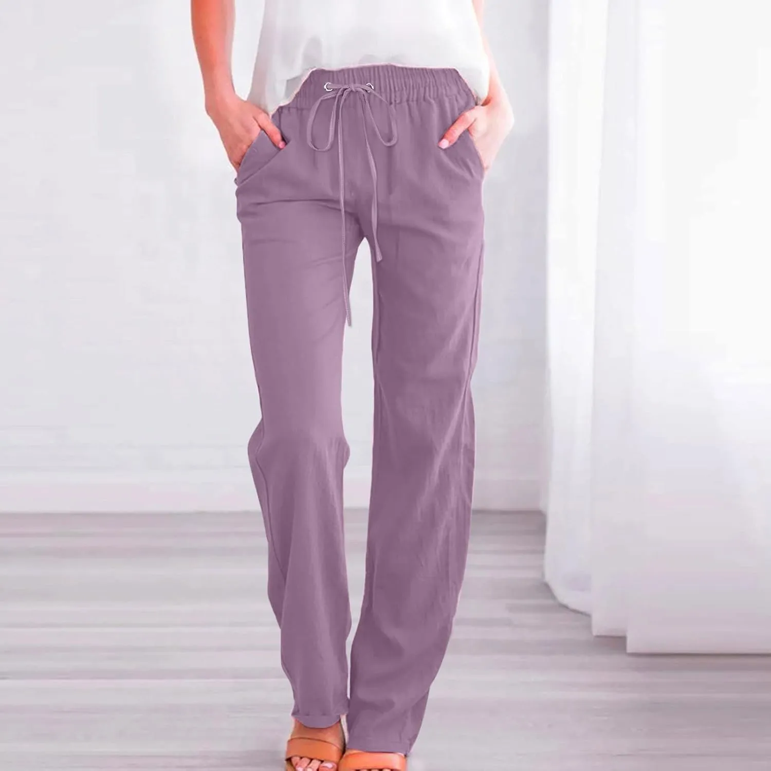 Womens Casual Summer Pants 2024 Straight Leg Drawstring Elastic High Waist Cotton Linen Pants Loose Comfy Trousers
