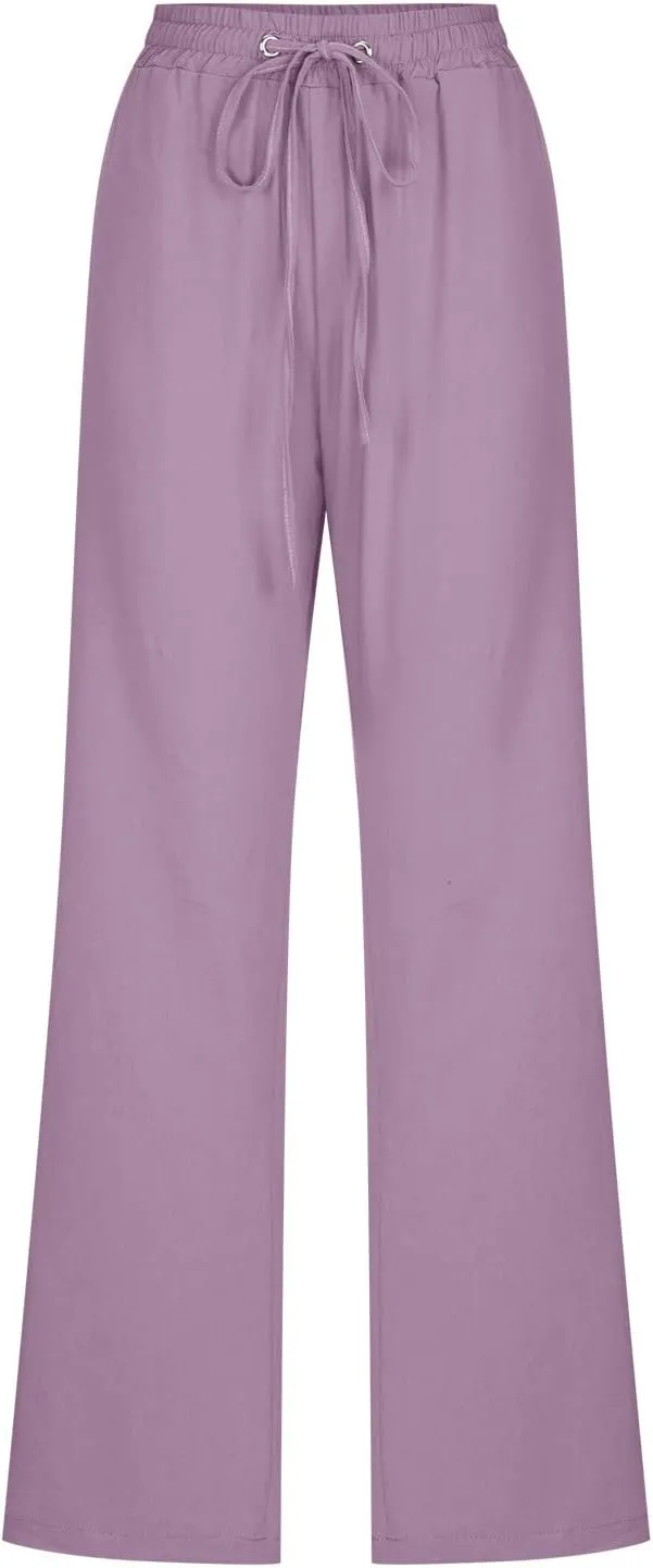 Womens Casual Summer Pants 2024 Straight Leg Drawstring Elastic High Waist Cotton Linen Pants Loose Comfy Trousers