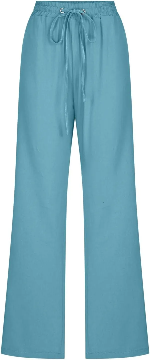Womens Casual Summer Pants 2024 Straight Leg Drawstring Elastic High Waist Cotton Linen Pants Loose Comfy Trousers