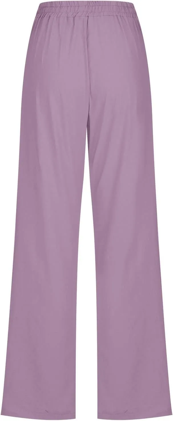 Womens Casual Summer Pants 2024 Straight Leg Drawstring Elastic High Waist Cotton Linen Pants Loose Comfy Trousers