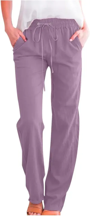 Womens Casual Summer Pants 2024 Straight Leg Drawstring Elastic High Waist Cotton Linen Pants Loose Comfy Trousers