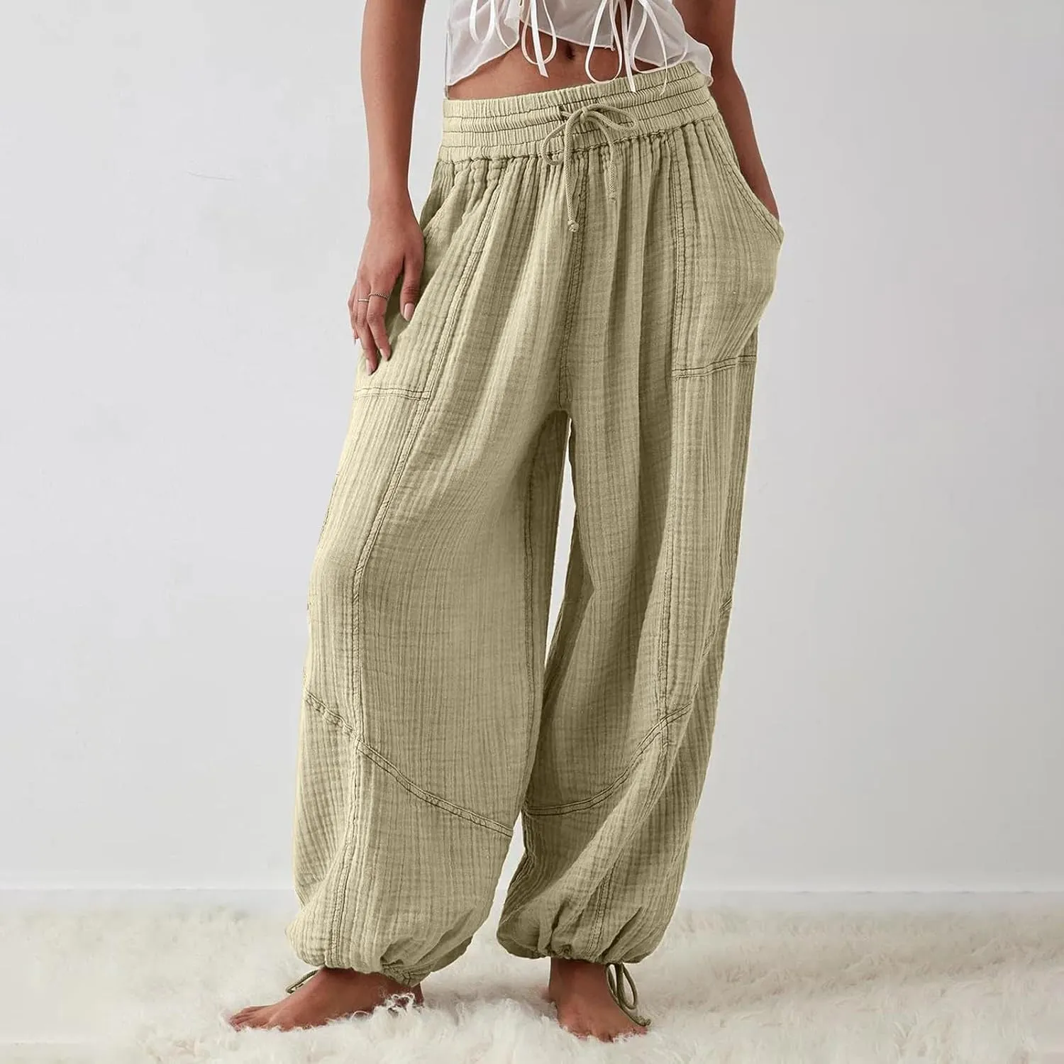 Women's Casual Wide Leg Paperbag Linen Palazzo Pants Summer High Waisted Drawstring Lightweight Boho Hippie Trousers
