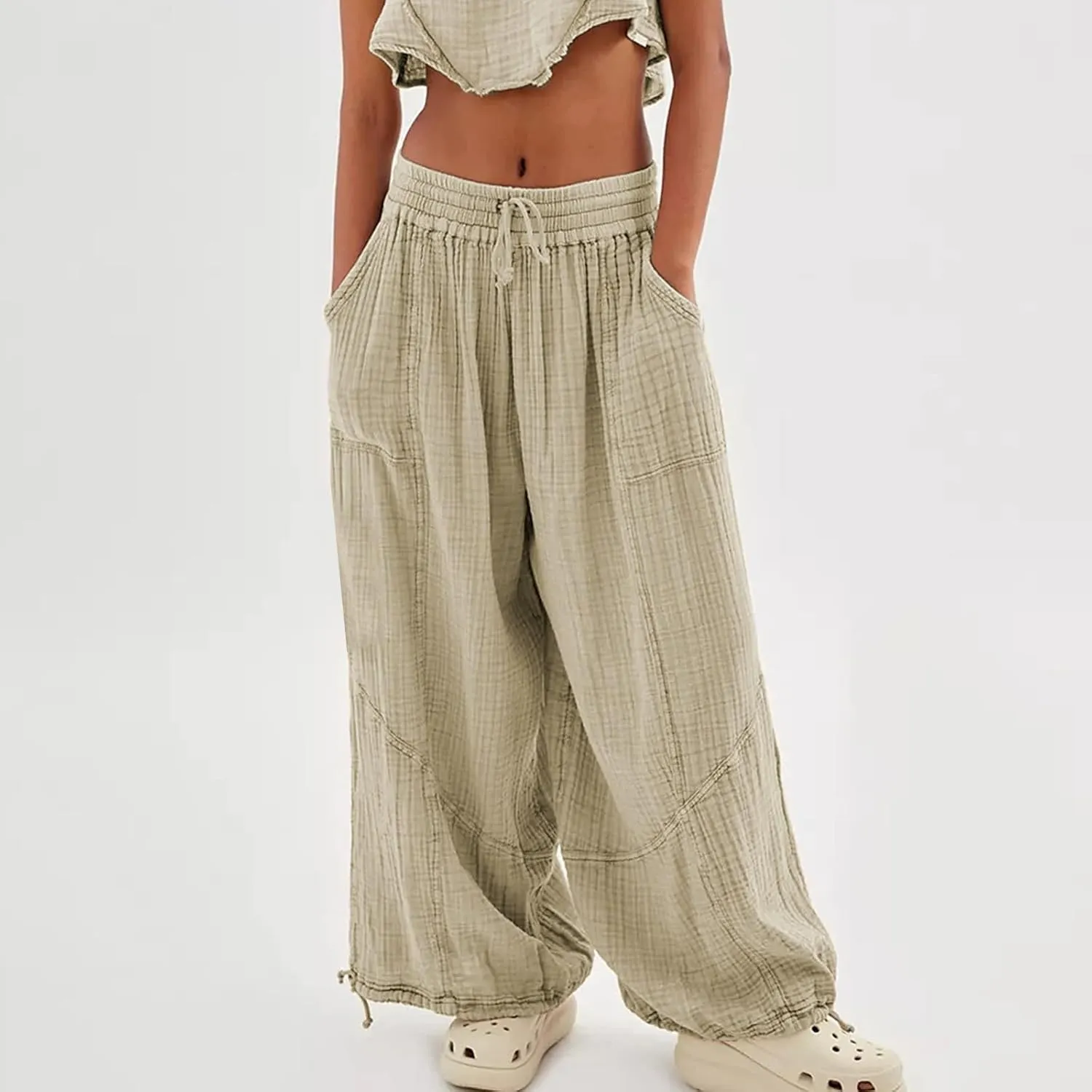 Women's Casual Wide Leg Paperbag Linen Palazzo Pants Summer High Waisted Drawstring Lightweight Boho Hippie Trousers