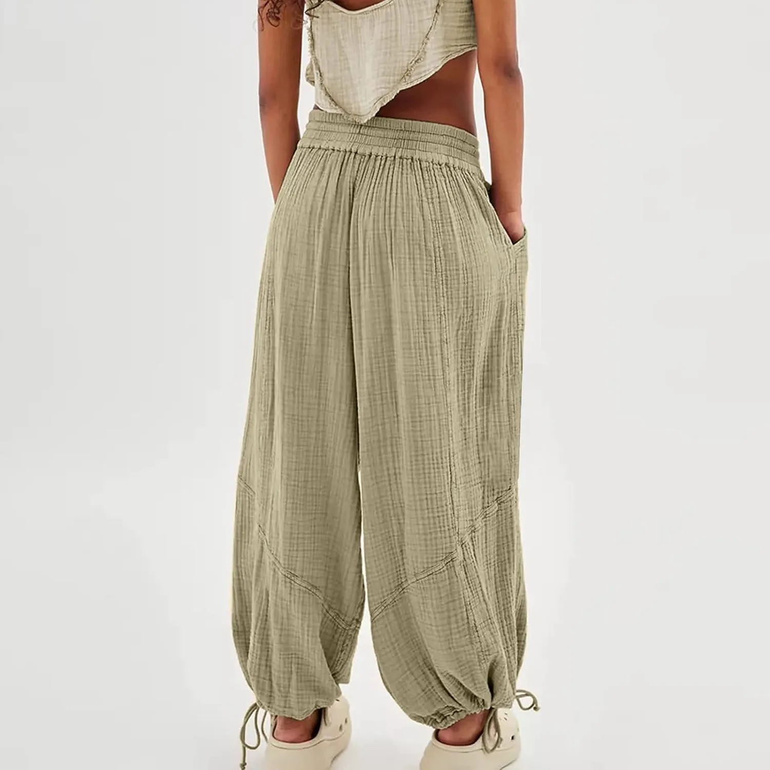 Women's Casual Wide Leg Paperbag Linen Palazzo Pants Summer High Waisted Drawstring Lightweight Boho Hippie Trousers