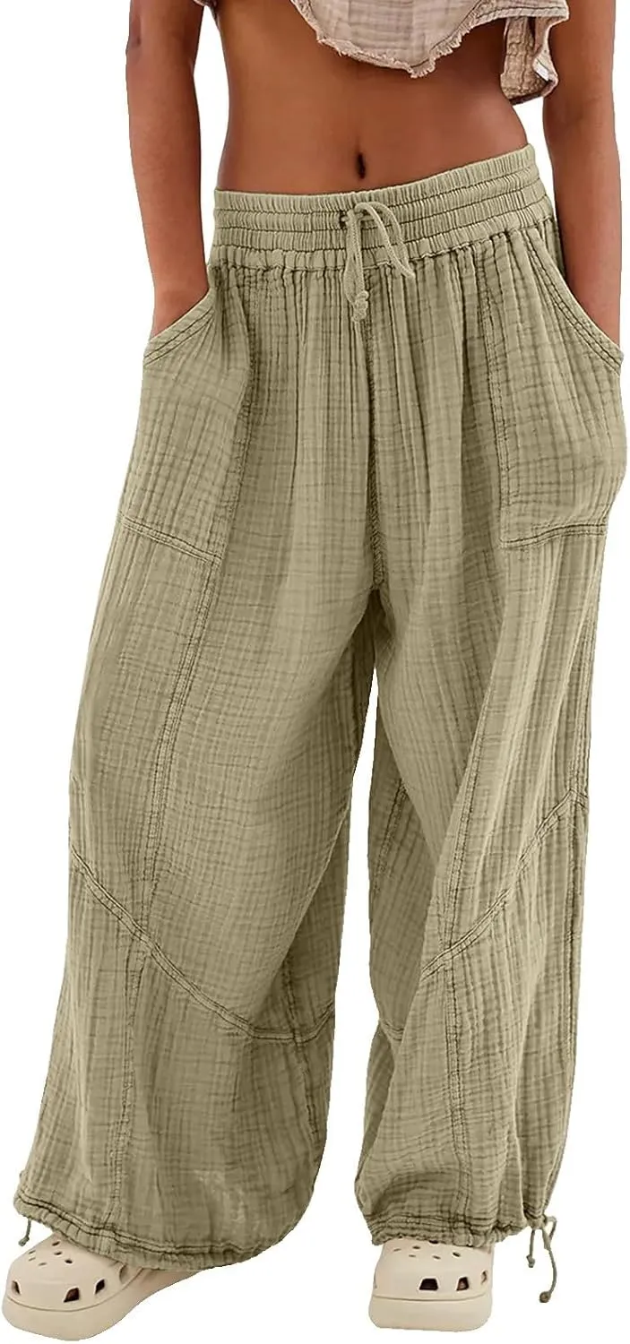 Women's Casual Wide Leg Paperbag Linen Palazzo Pants Summer High Waisted Drawstring Lightweight Boho Hippie Trousers