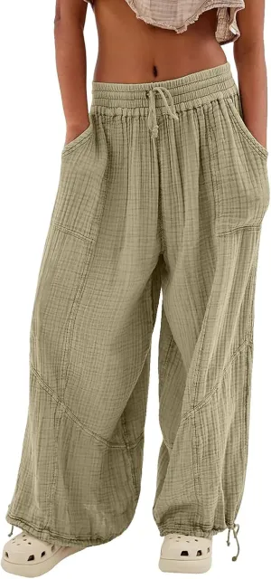 Women's Casual Wide Leg Paperbag Linen Palazzo Pants Summer High Waisted Drawstring Lightweight Boho Hippie Trousers
