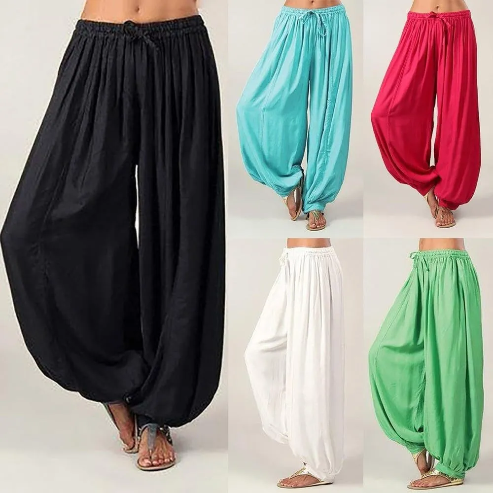 Women's Cotton Linen Baggy Harem Pants Casual Solid Drawstring Elastic Waisted Boho Yoga Hippie Gypsy Aladdin Lounge Trousers