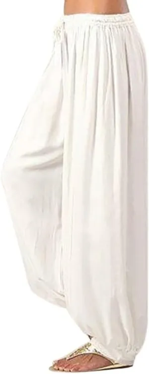 Women's Cotton Linen Baggy Harem Pants Casual Solid Drawstring Elastic Waisted Boho Yoga Hippie Gypsy Aladdin Lounge Trousers