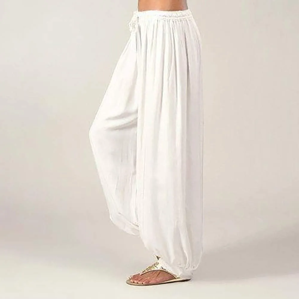 Women's Cotton Linen Baggy Harem Pants Casual Solid Drawstring Elastic Waisted Boho Yoga Hippie Gypsy Aladdin Lounge Trousers