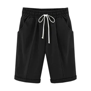 Womens Cotton Linen Bermuda Shorts Summer Lightweight Straight Leg Knee Length Beach Short Pants with Drawstring