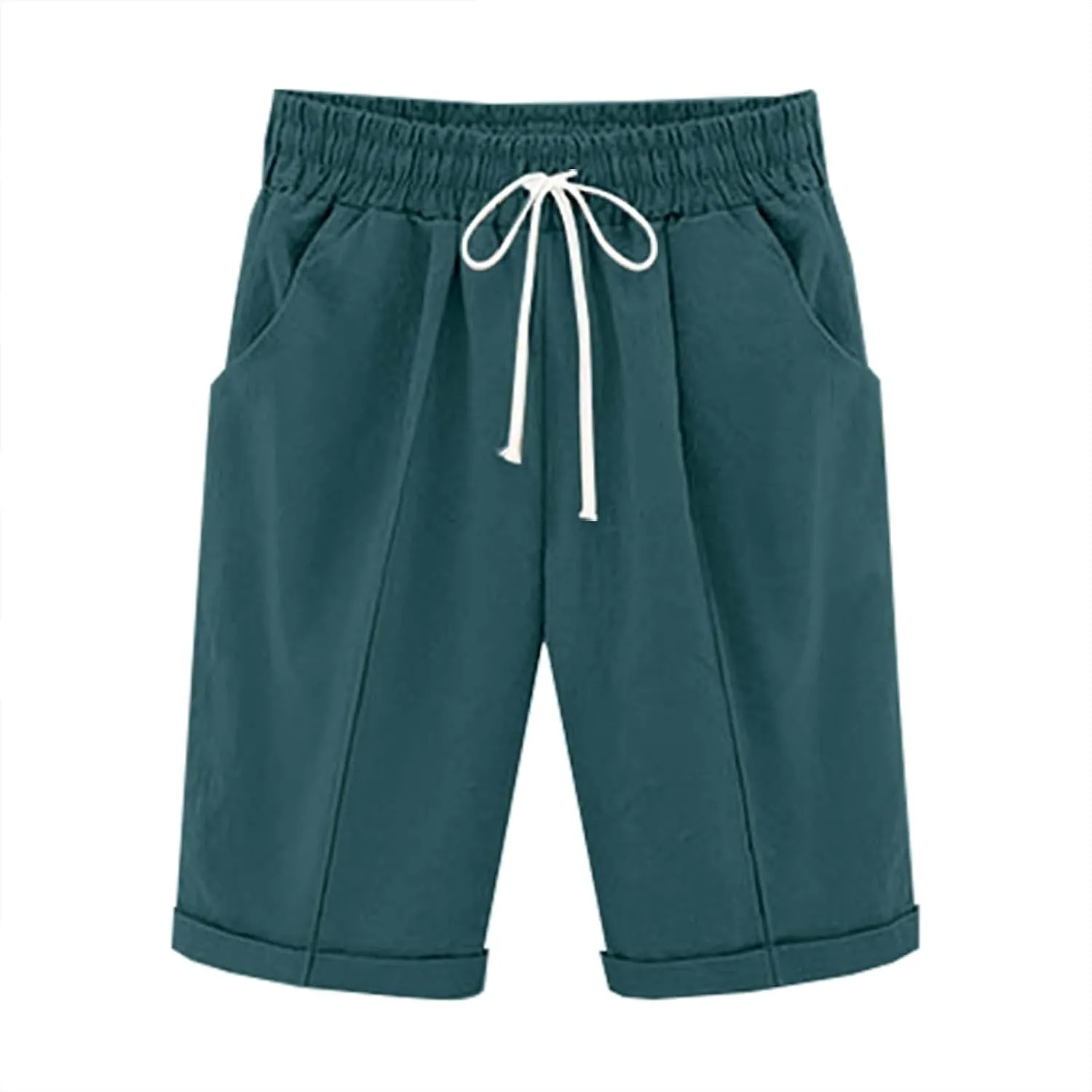 Womens Cotton Linen Bermuda Shorts Summer Lightweight Straight Leg Knee Length Beach Short Pants with Drawstring