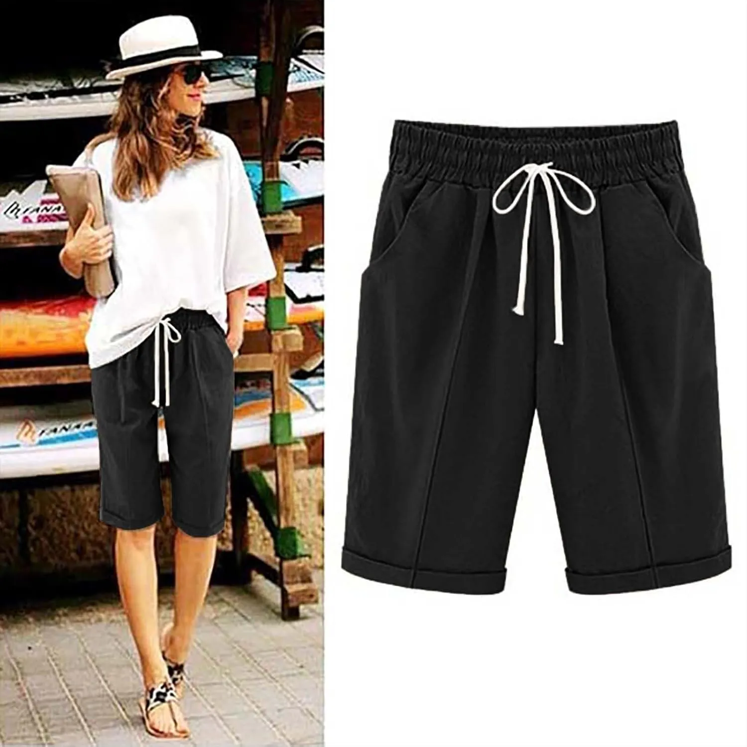 Womens Cotton Linen Bermuda Shorts Summer Lightweight Straight Leg Knee Length Beach Short Pants with Drawstring