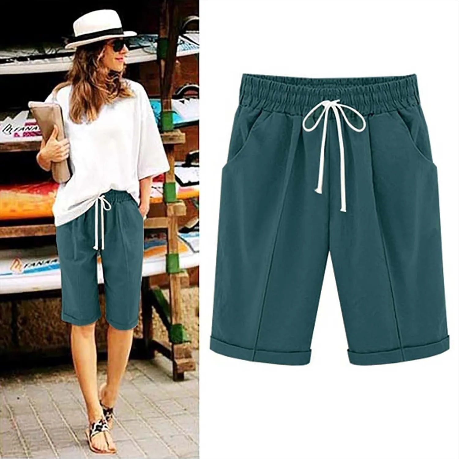 Womens Cotton Linen Bermuda Shorts Summer Lightweight Straight Leg Knee Length Beach Short Pants with Drawstring