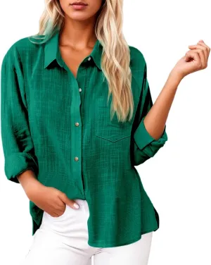 Womens Cotton Linen Button Down Shirts Long Sleeve Dress Shirts Summer Casual Tops Loose Blouses with Pocket
