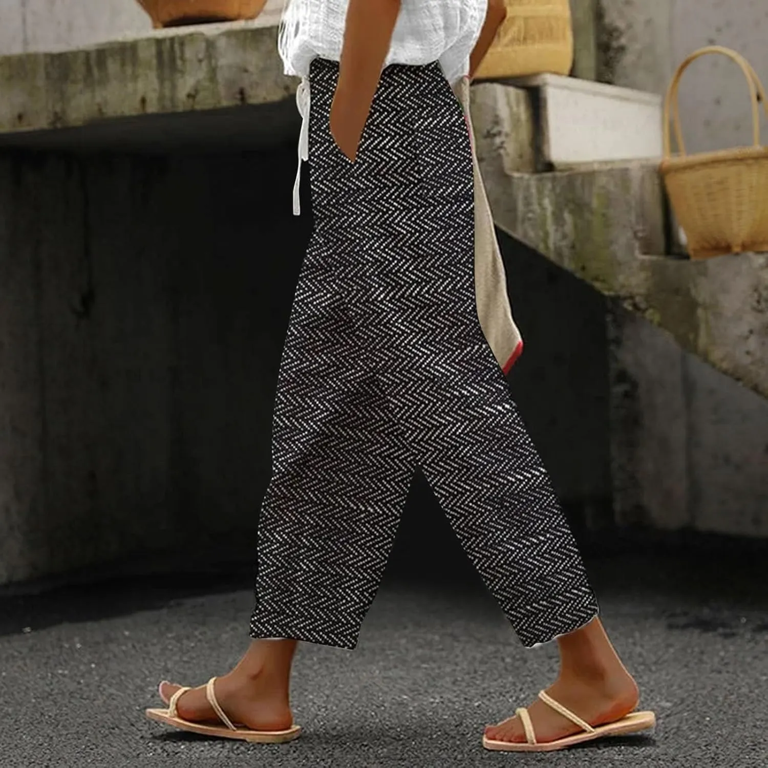 Women's Cotton Linen Pants Wide Leg Casual Loose Drawstring High Waist Palazzo Trousers Lightweight Pants