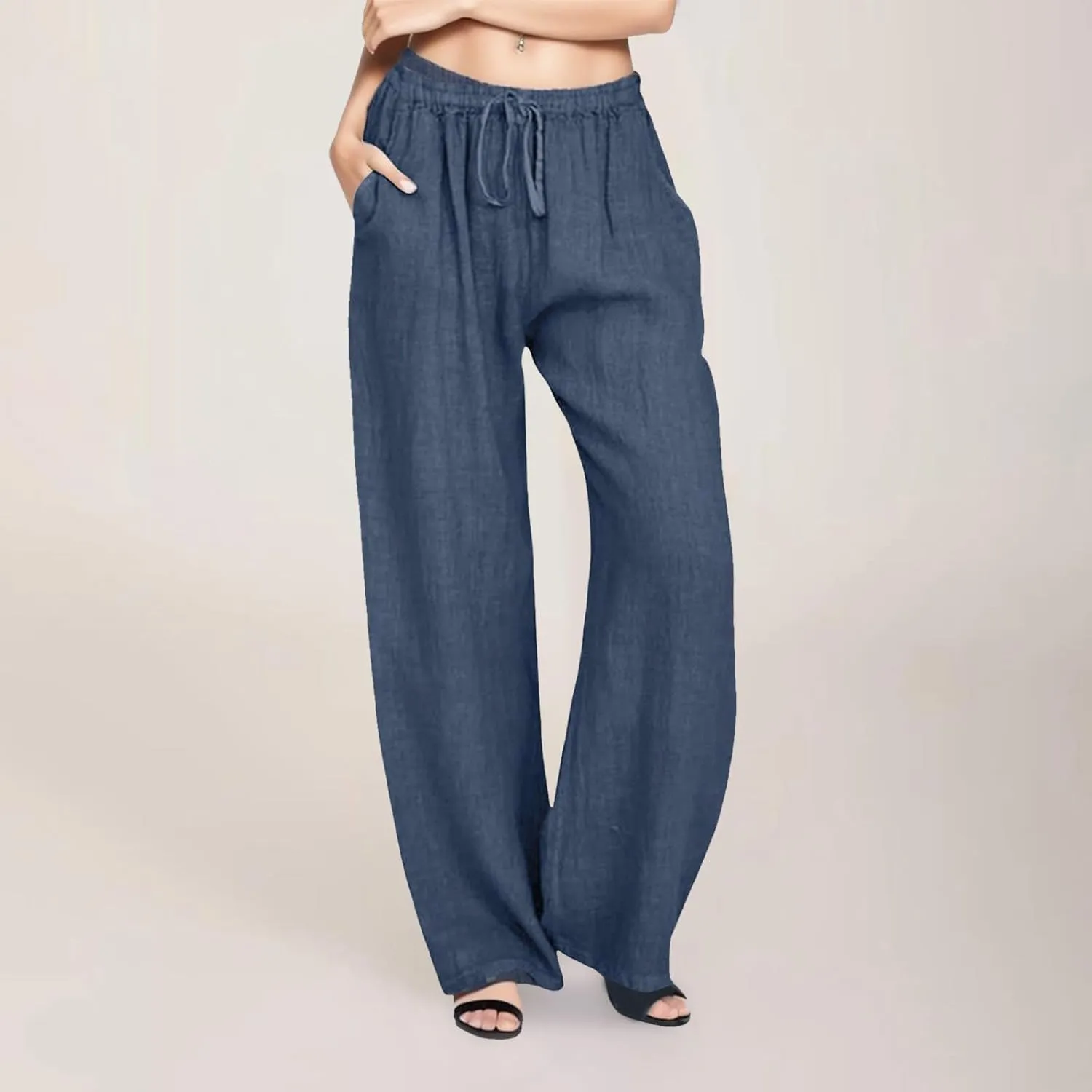 Women's Cotton Linen Summer Cropped Pants Elastic Waist Wide Leg Loose Fit Palazzo Pants Travel