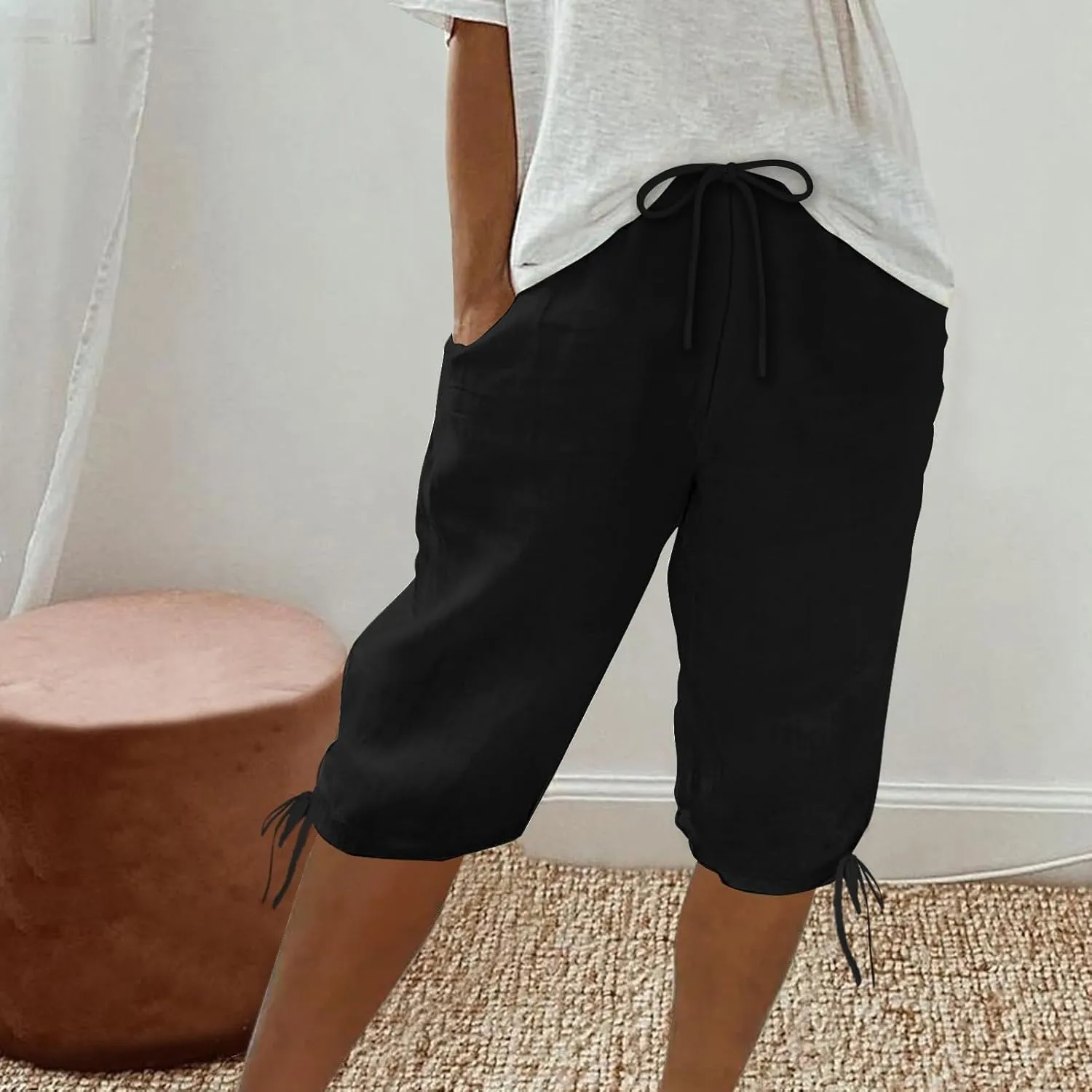 Womens High Waisted Summer Short Cotton Linen Dressy Casual Shorts Drawstring Cute Bermuda Trendy Vacation Clothes