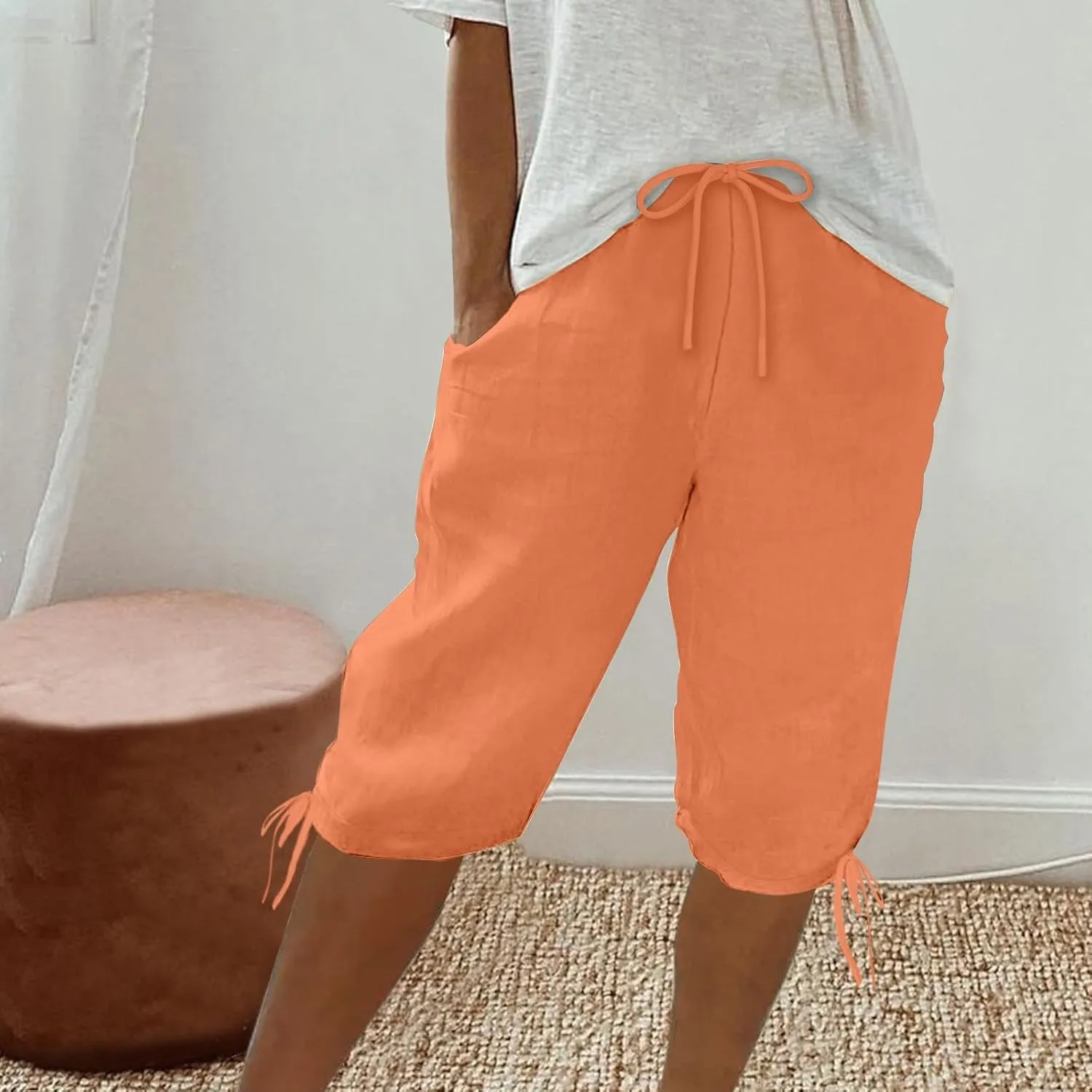 Womens High Waisted Summer Short Cotton Linen Dressy Casual Shorts Drawstring Cute Bermuda Trendy Vacation Clothes