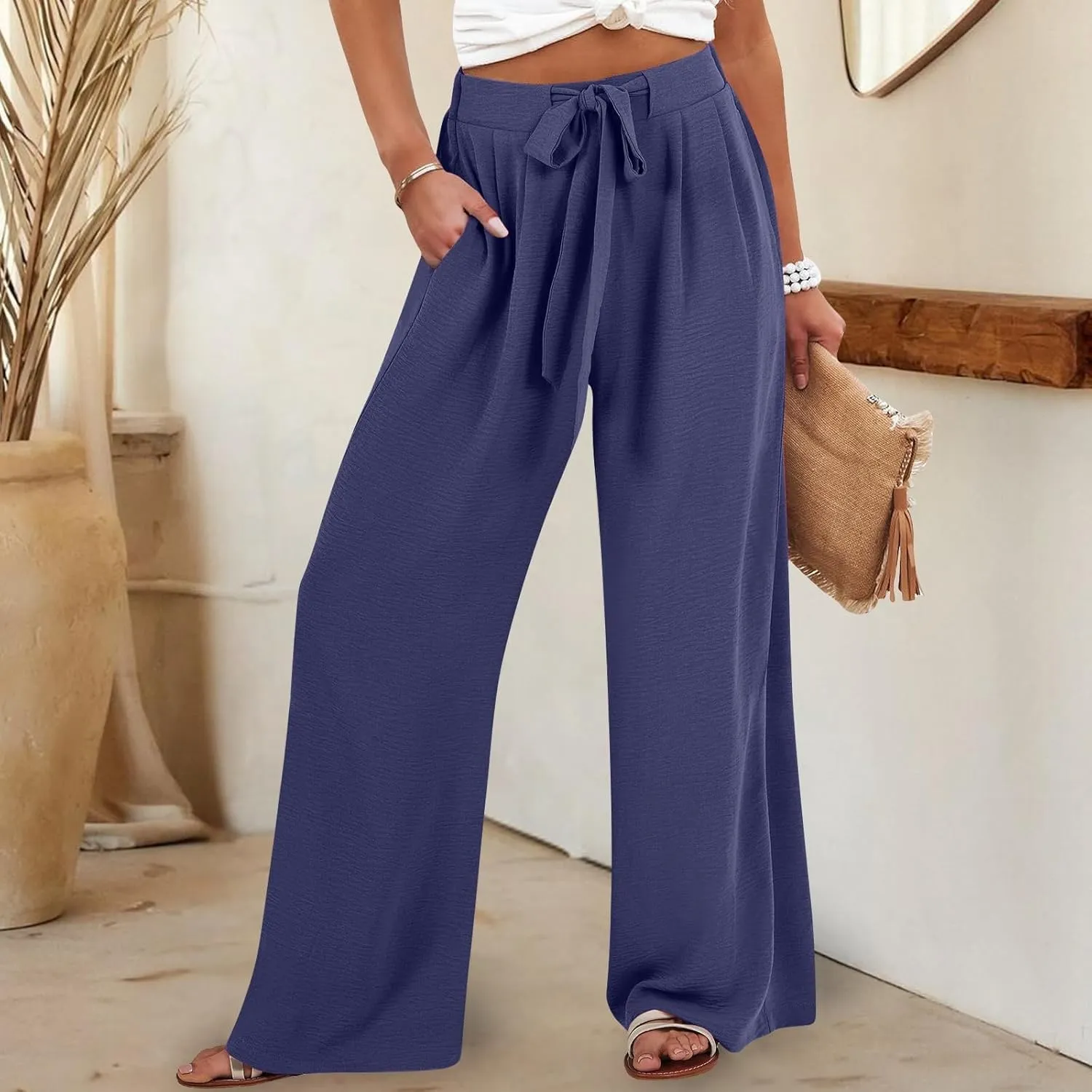 Womens High Waisted Wide Leg Drawstring Pants Office Elegant Fit Stretch Waistband Trousers Evening Party Casual Pant
