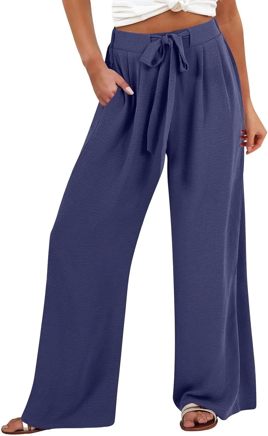 Womens High Waisted Wide Leg Drawstring Pants Office Elegant Fit Stretch Waistband Trousers Evening Party Casual Pant