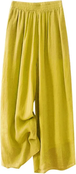 Womens Linen Cropped Pants High Waisted Baggy Pull On Paperbag Pants Printed Capris Cotton Light Slacks Work Pants