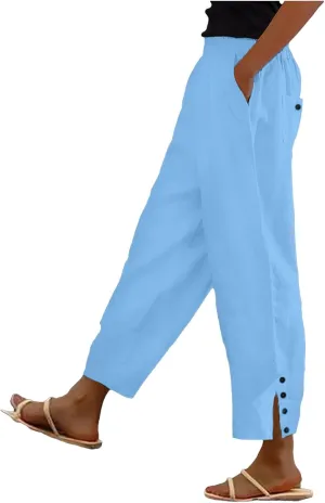 Womens Linen Cropped Pants Plus Size Elastic High Rise Paperbag Pants Floral Capris Summer Loose Slacks Yoga Pants
