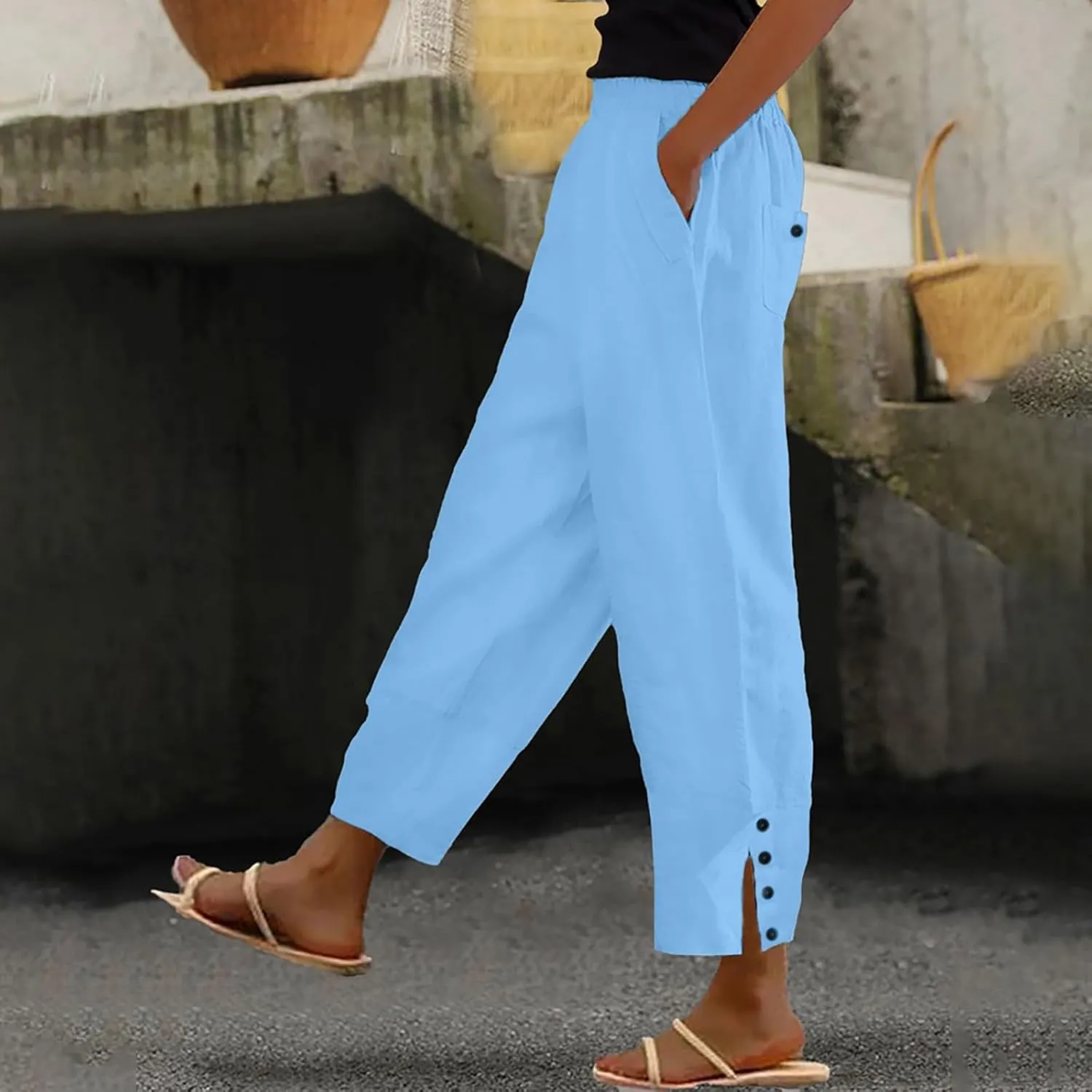 Womens Linen Cropped Pants Plus Size Elastic High Rise Paperbag Pants Floral Capris Summer Loose Slacks Yoga Pants
