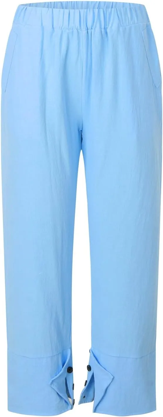 Womens Linen Cropped Pants Plus Size Elastic High Rise Paperbag Pants Floral Capris Summer Loose Slacks Yoga Pants
