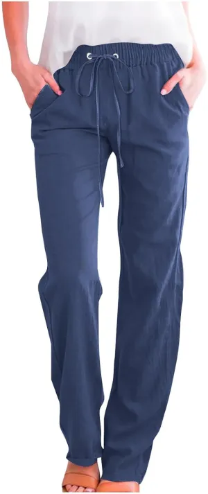 Women's Linen Pants 2025 Causal Summer Loose Drawstring High Waisted Long Pants Trousers with Pockets Plus Size