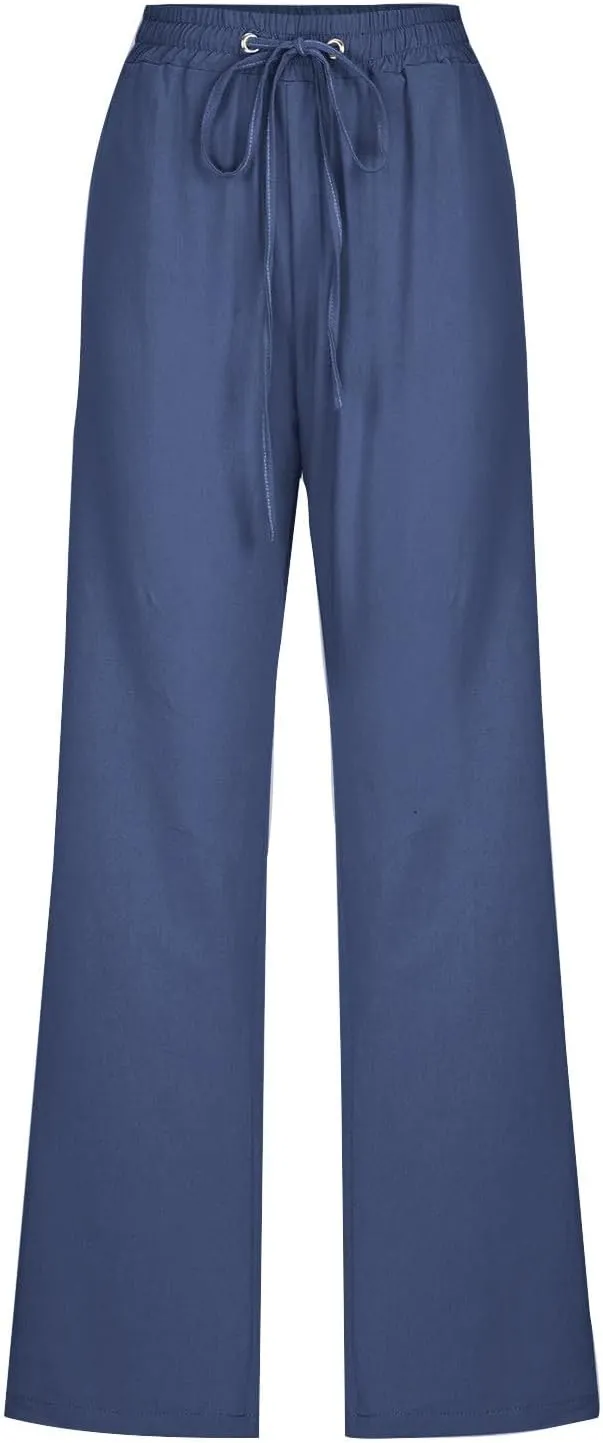 Women's Linen Pants 2025 Causal Summer Loose Drawstring High Waisted Long Pants Trousers with Pockets Plus Size