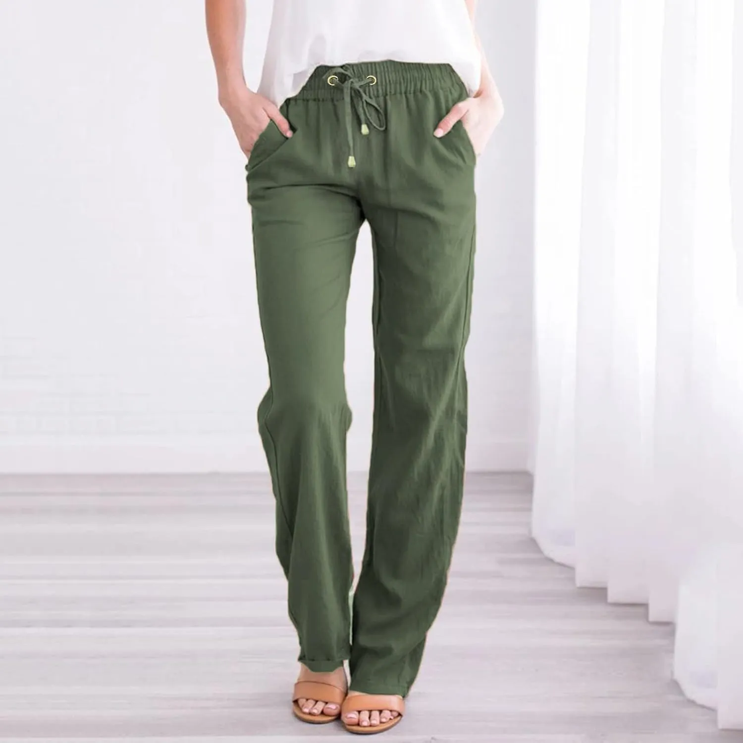 Womens Linen Pants 2025 Summer Casual Drawstring Elastic Waist Cotton Pants Petite Straight Leg Lounge Long Trousers