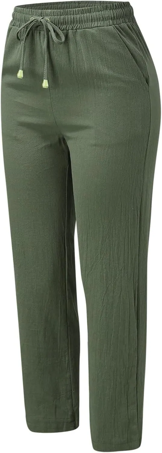 Womens Linen Pants 2025 Summer Casual Drawstring Elastic Waist Cotton Pants Petite Straight Leg Lounge Long Trousers